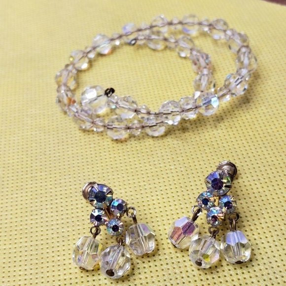 Vintage Crystal Tri-Bead Earrings, Wrap Bracelet Screw Back Gold Tone AB Rhines - Picture 1 of 11